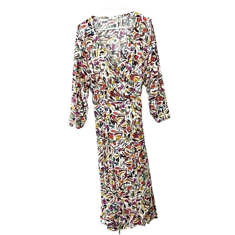 Beach Lunch Lounge Womens Colorful Wrap Maxi Dress XXL Long Sleeve Boho Artsy